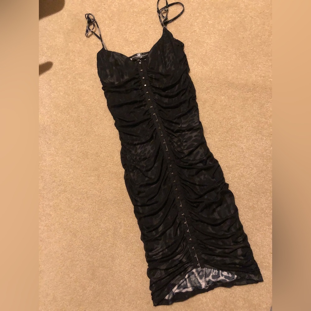 Black mesh ruched fitted extra small dress with leopard interior